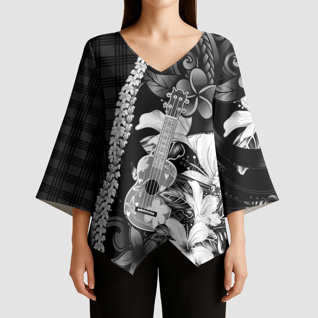 Hawaii Ukulele Kimono Sleeve Blouse Tropical Flowers With Palaka Effect Black Version - Polynesian Pride