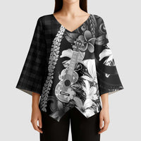 Hawaii Ukulele Kimono Sleeve Blouse Tropical Flowers With Palaka Effect Black Version - Polynesian Pride