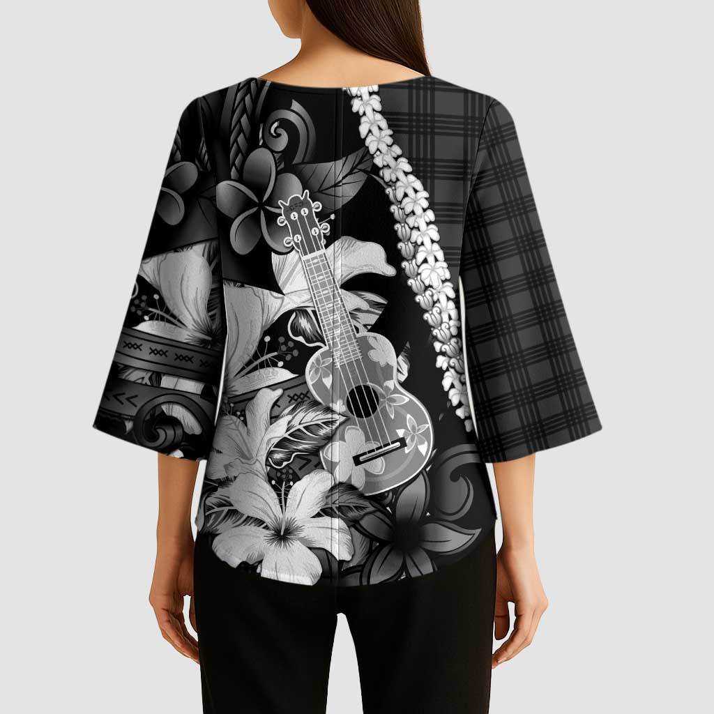 Hawaii Ukulele Kimono Sleeve Blouse Tropical Flowers With Palaka Effect Black Version - Polynesian Pride