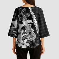 Hawaii Ukulele Kimono Sleeve Blouse Tropical Flowers With Palaka Effect Black Version - Polynesian Pride