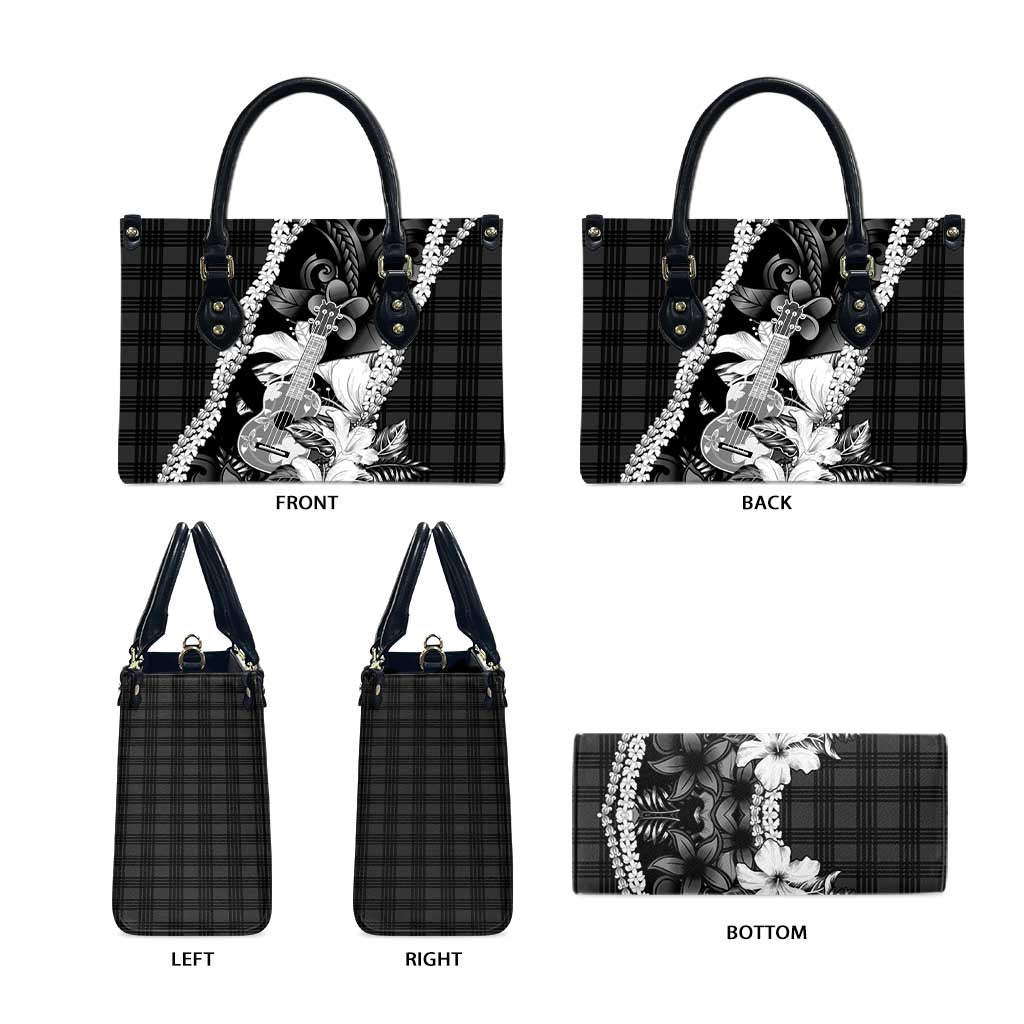 Hawaii Ukulele Leather Bag Tropical Flowers With Palaka Effect Black Version - Polynesian Pride