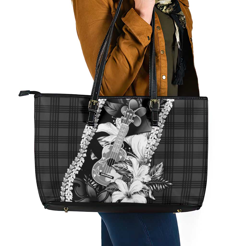 Hawaii Ukulele Leather Tote Bag Tropical Flowers With Palaka Effect Black Version - Polynesian Pride