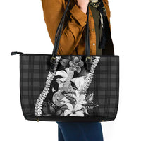 Hawaii Ukulele Leather Tote Bag Tropical Flowers With Palaka Effect Black Version - Polynesian Pride