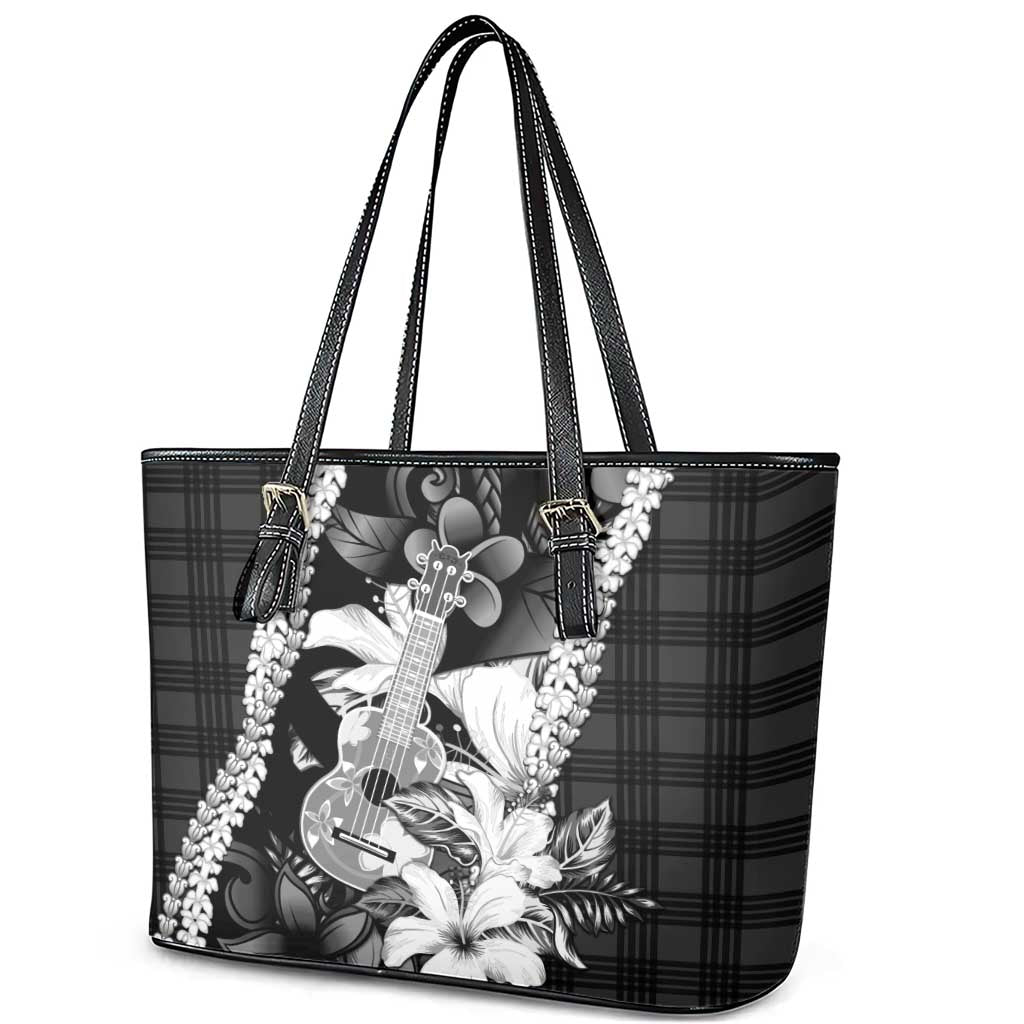 Hawaii Ukulele Leather Tote Bag Tropical Flowers With Palaka Effect Black Version - Polynesian Pride
