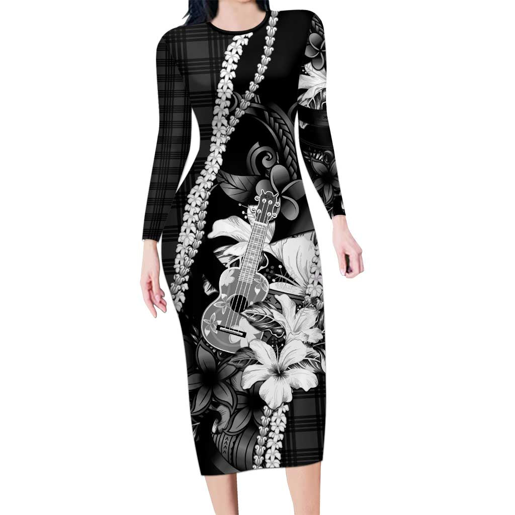 Hawaii Ukulele Long Sleeve Bodycon Dress Tropical Flowers With Palaka Effect Black Version - Polynesian Pride