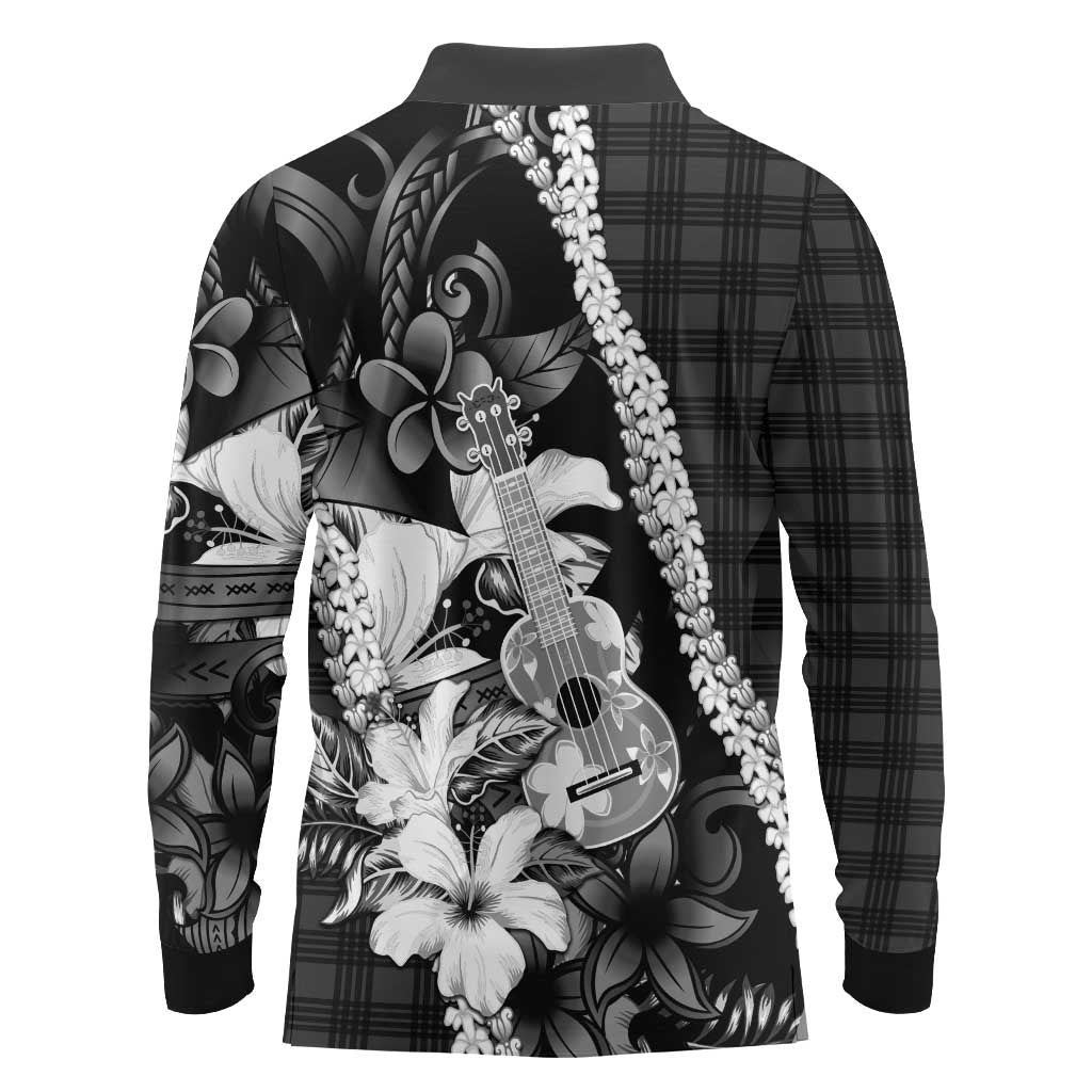 Hawaii Ukulele Long Sleeve Polo Shirt Tropical Flowers With Palaka Effect Black Version - Polynesian Pride