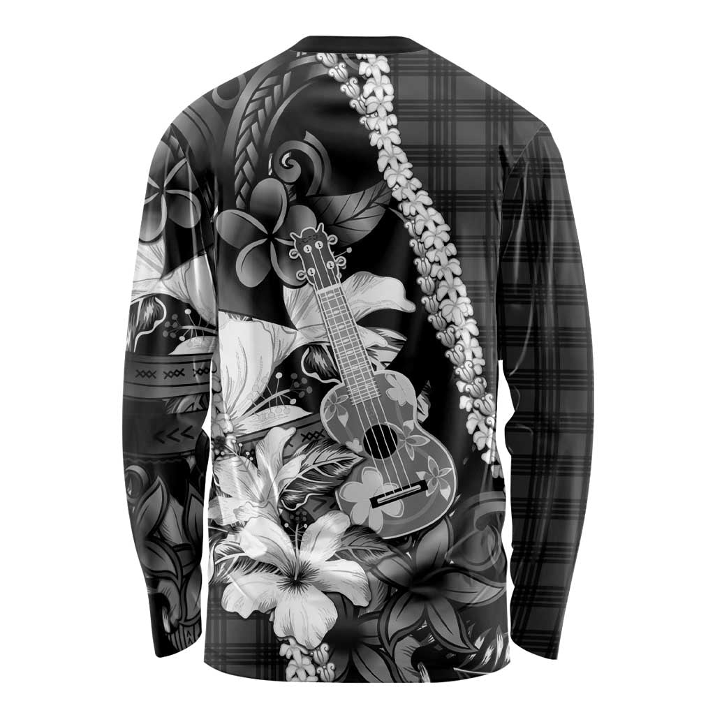 Hawaii Ukulele Long Sleeve Shirt Tropical Flowers With Palaka Effect Black Version - Polynesian Pride