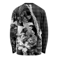 Hawaii Ukulele Long Sleeve Shirt Tropical Flowers With Palaka Effect Black Version - Polynesian Pride