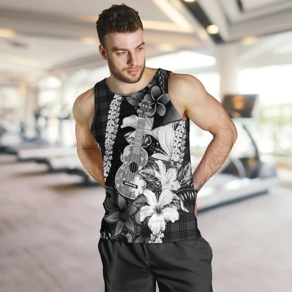 Hawaii Ukulele Men Tank Top Tropical Flowers With Palaka Effect Black Version - Polynesian Pride