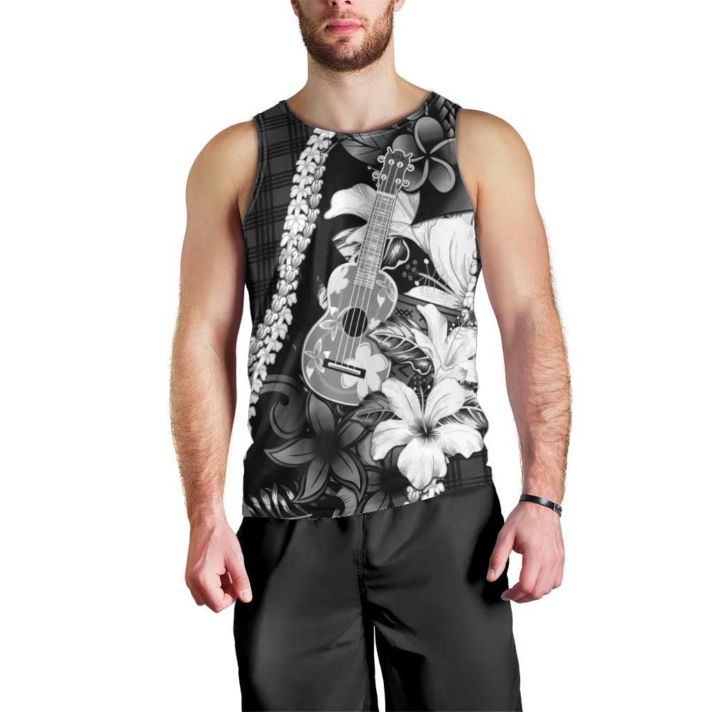 Hawaii Ukulele Men Tank Top Tropical Flowers With Palaka Effect Black Version - Polynesian Pride