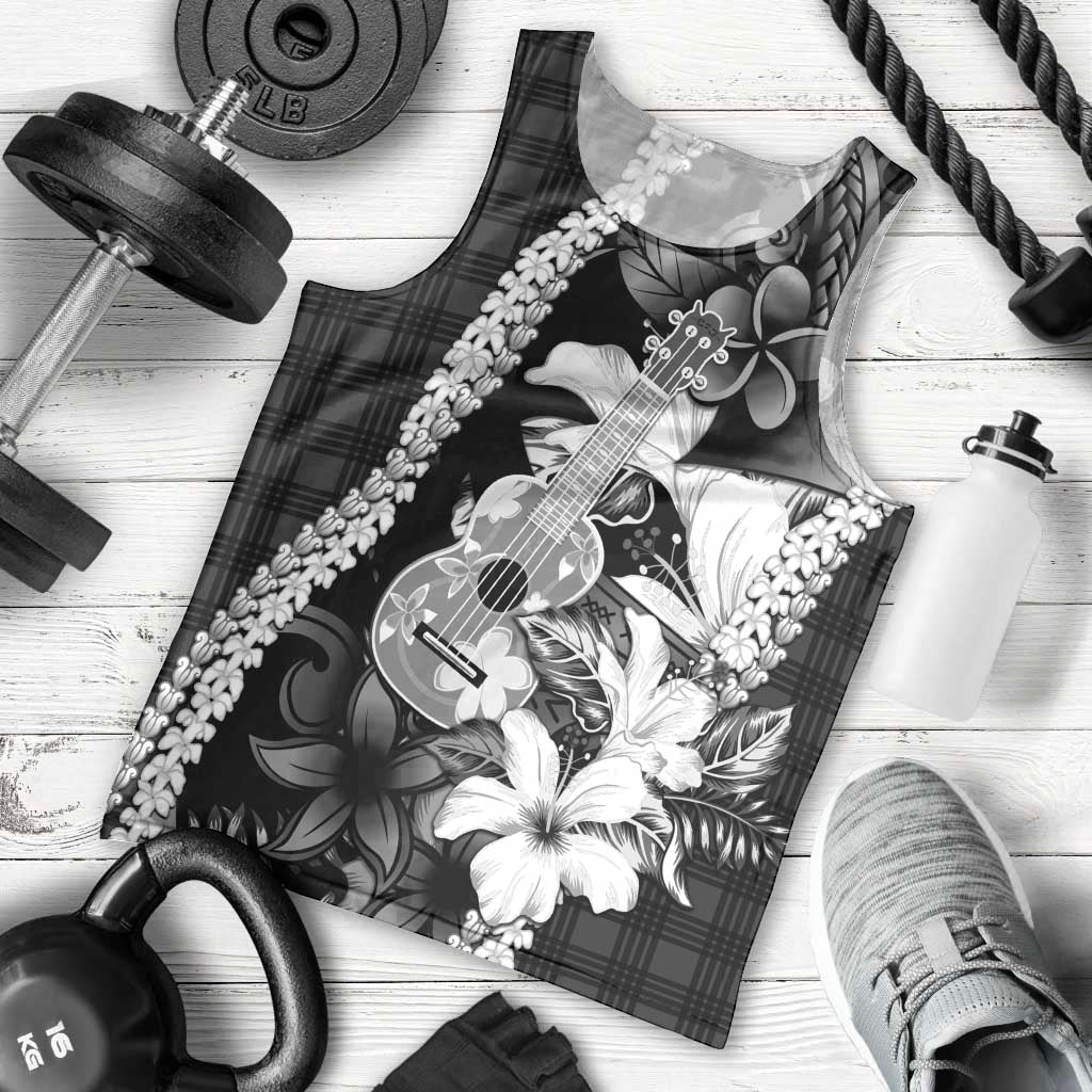 Hawaii Ukulele Men Tank Top Tropical Flowers With Palaka Effect Black Version - Polynesian Pride