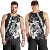 Hawaii Ukulele Men Tank Top Tropical Flowers With Palaka Effect Black Version - Polynesian Pride