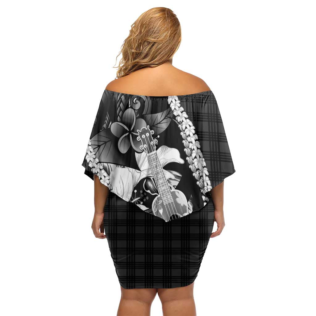 Hawaii Ukulele Off Shoulder Short Dress Tropical Flowers With Palaka Effect Black Version - Polynesian Pride