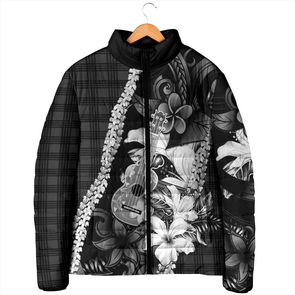 Hawaii Ukulele Padded Jacket Tropical Flowers With Palaka Effect Black Version - Polynesian Pride