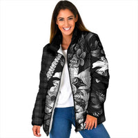 Hawaii Ukulele Padded Jacket Tropical Flowers With Palaka Effect Black Version - Polynesian Pride