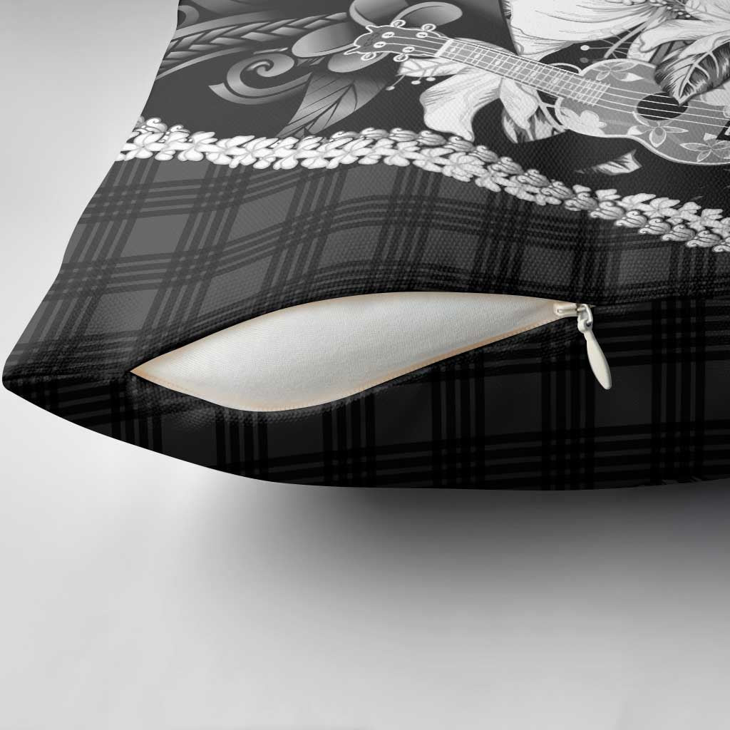 Hawaii Ukulele Pillow Cover Tropical Flowers With Palaka Effect Black Version - Polynesian Pride