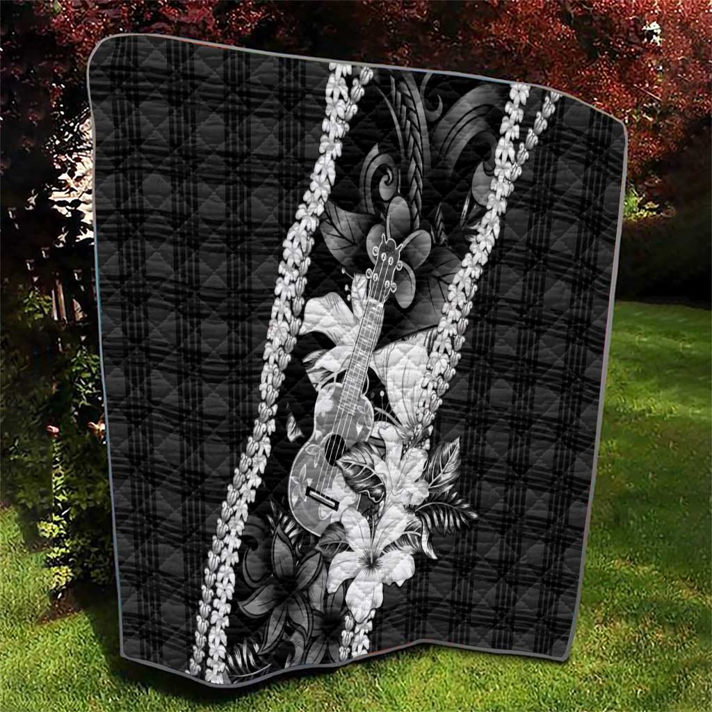 Hawaii Ukulele Quilt Tropical Flowers With Palaka Effect Black Version - Polynesian Pride