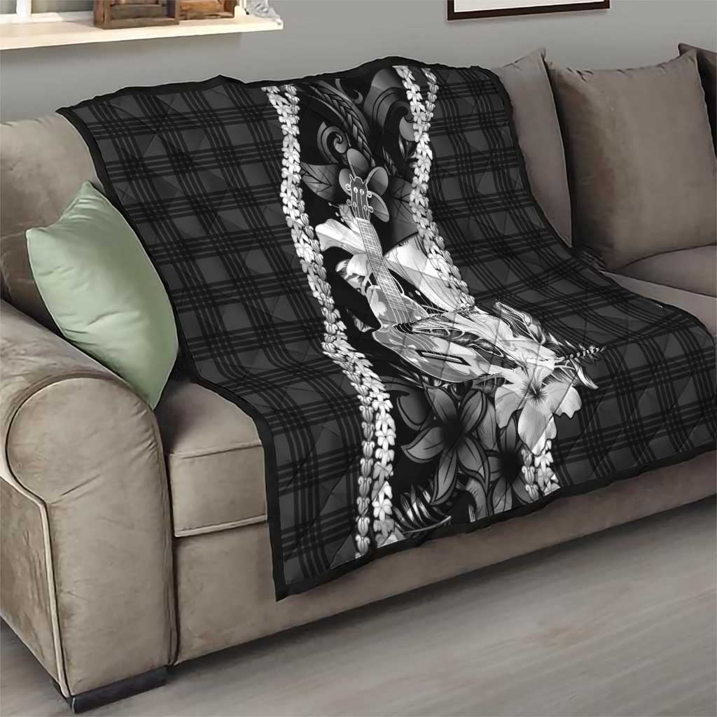 Hawaii Ukulele Quilt Tropical Flowers With Palaka Effect Black Version - Polynesian Pride