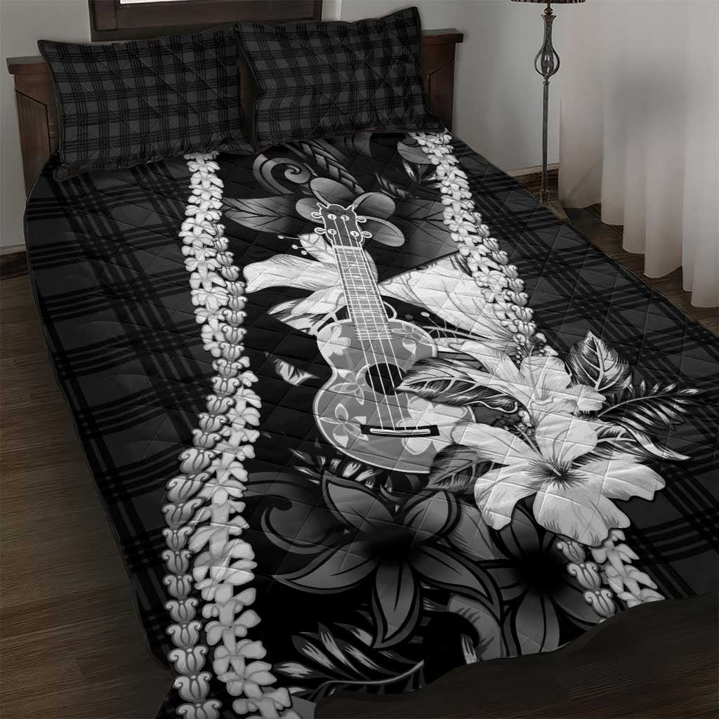 Hawaii Ukulele Quilt Bed Set Tropical Flowers With Palaka Effect Black Version - Polynesian Pride