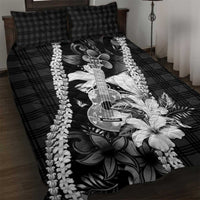 Hawaii Ukulele Quilt Bed Set Tropical Flowers With Palaka Effect Black Version - Polynesian Pride