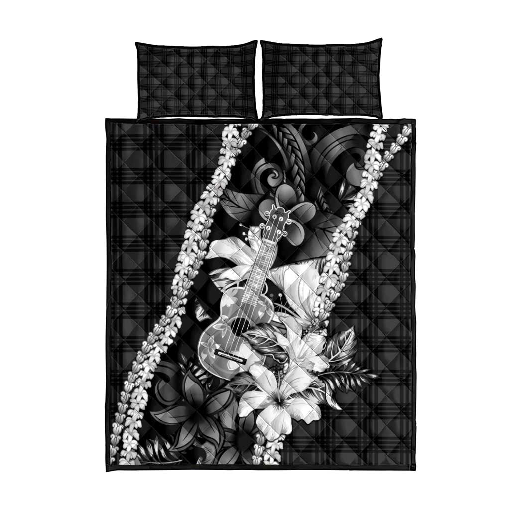 Hawaii Ukulele Quilt Bed Set Tropical Flowers With Palaka Effect Black Version - Polynesian Pride