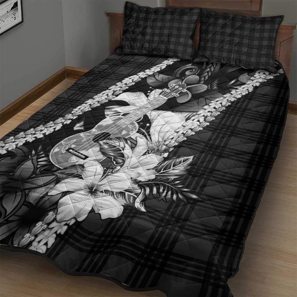 Hawaii Ukulele Quilt Bed Set Tropical Flowers With Palaka Effect Black Version - Polynesian Pride