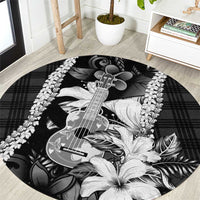 Hawaii Ukulele Round Carpet Tropical Flowers With Palaka Effect Black Version - Polynesian Pride
