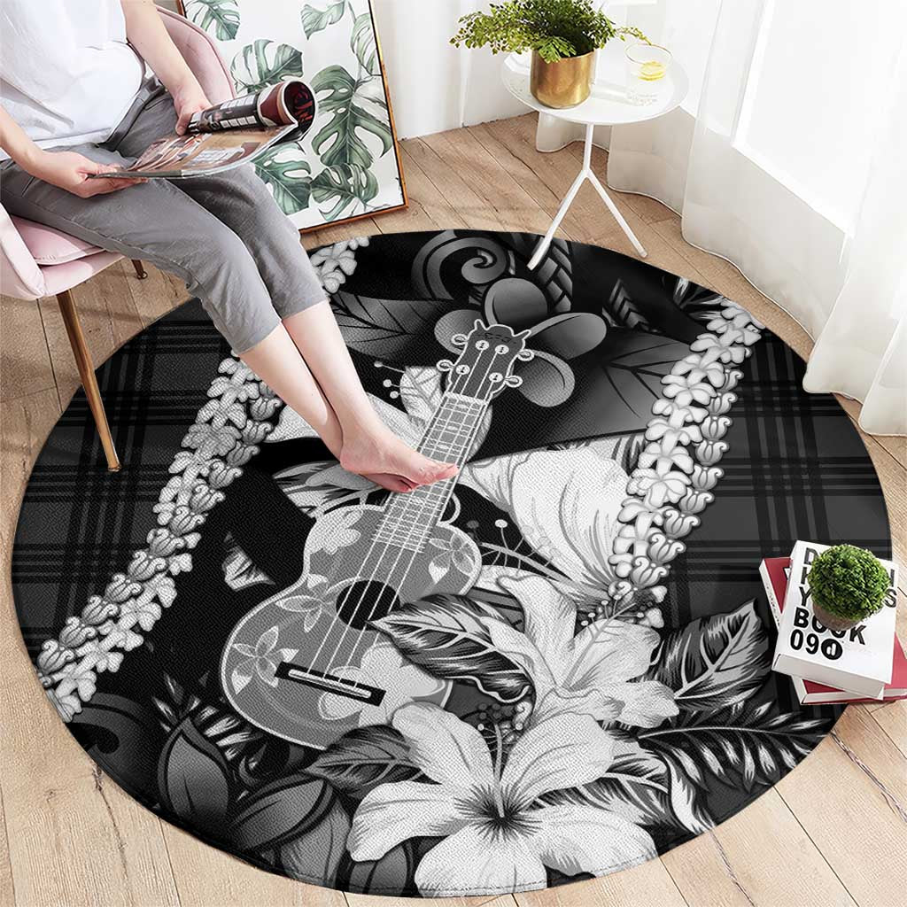 Hawaii Ukulele Round Carpet Tropical Flowers With Palaka Effect Black Version - Polynesian Pride