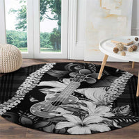 Hawaii Ukulele Round Carpet Tropical Flowers With Palaka Effect Black Version - Polynesian Pride