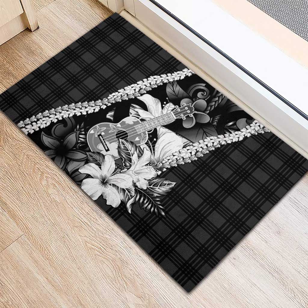Hawaii Ukulele Rubber Doormat Tropical Flowers With Palaka Effect Black Version - Polynesian Pride