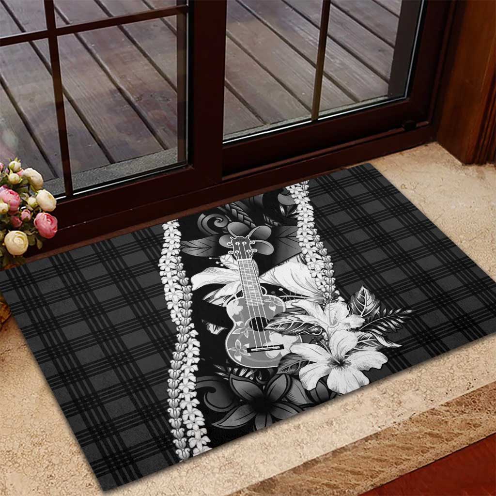Hawaii Ukulele Rubber Doormat Tropical Flowers With Palaka Effect Black Version - Polynesian Pride