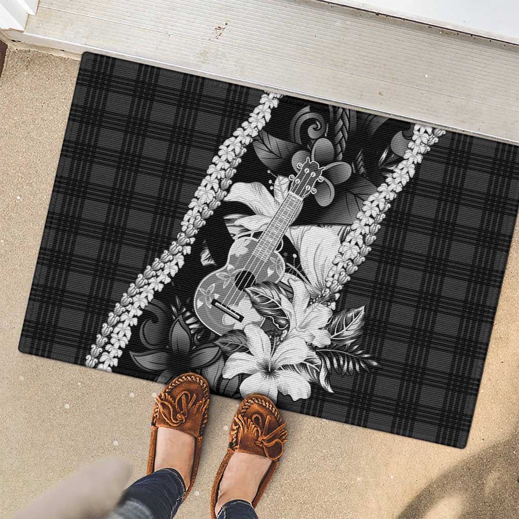 Hawaii Ukulele Rubber Doormat Tropical Flowers With Palaka Effect Black Version - Polynesian Pride