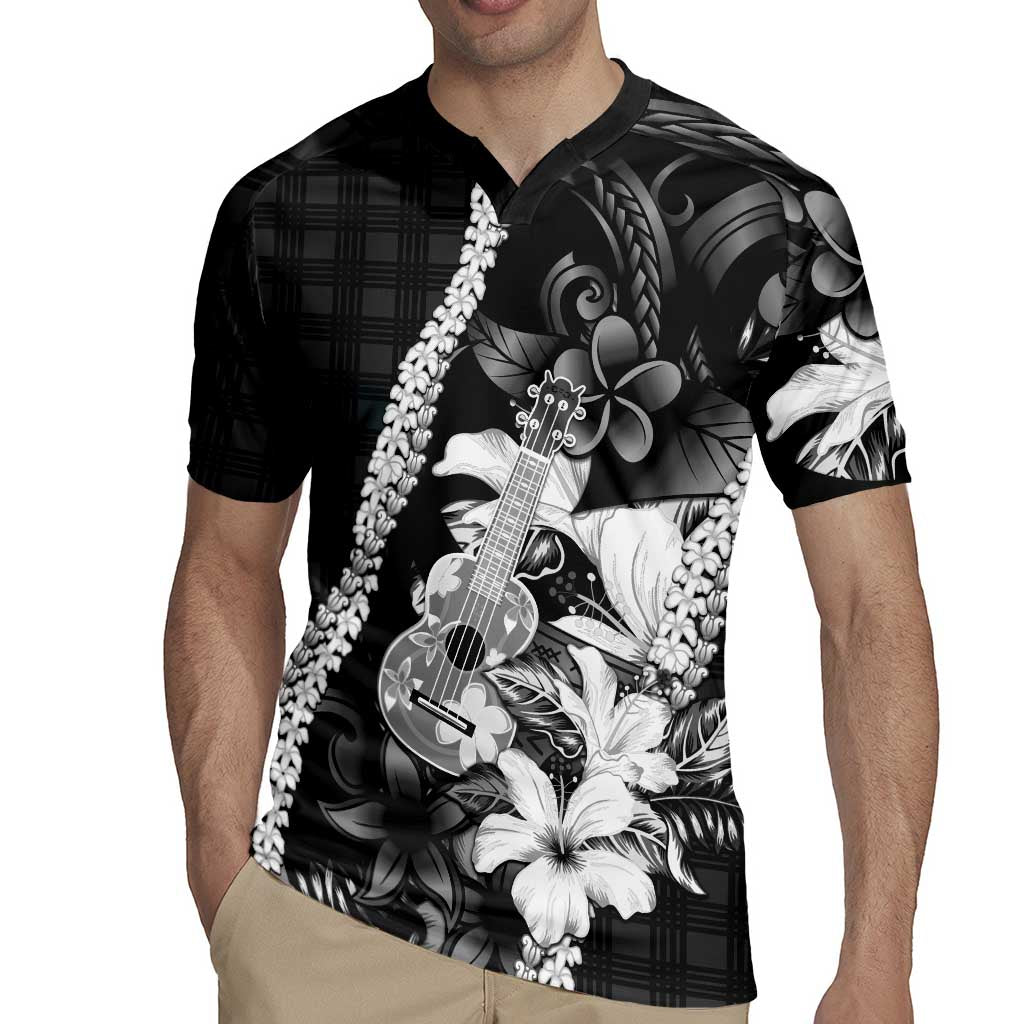Hawaii Ukulele Rugby Jersey Tropical Flowers With Palaka Effect Black Version - Polynesian Pride
