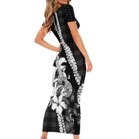 Hawaii Ukulele Short Sleeve Bodycon Dress Tropical Flowers With Palaka Effect Black Version - Polynesian Pride