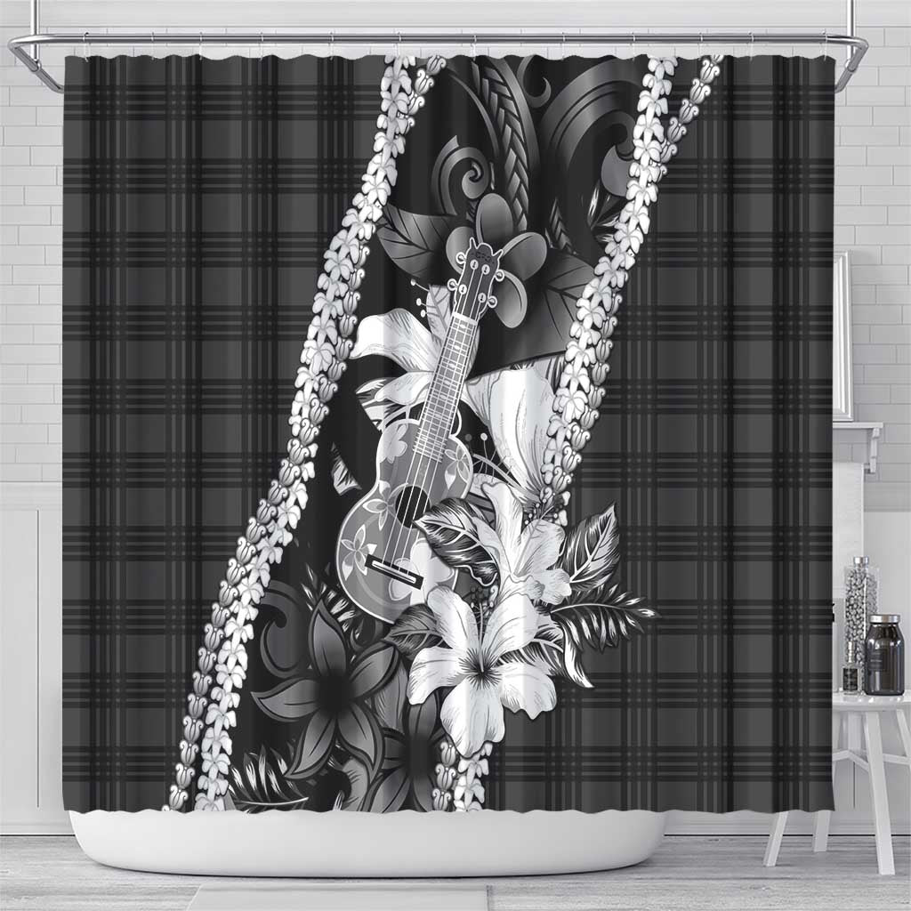 Hawaii Ukulele Shower Curtain Tropical Flowers With Palaka Effect Black Version - Polynesian Pride