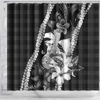Hawaii Ukulele Shower Curtain Tropical Flowers With Palaka Effect Black Version - Polynesian Pride