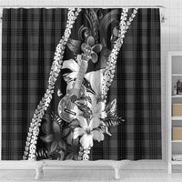 Hawaii Ukulele Shower Curtain Tropical Flowers With Palaka Effect Black Version - Polynesian Pride