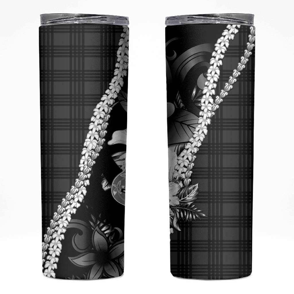 Hawaii Ukulele Skinny Tumbler Tropical Flowers With Palaka Effect Black Version - Polynesian Pride