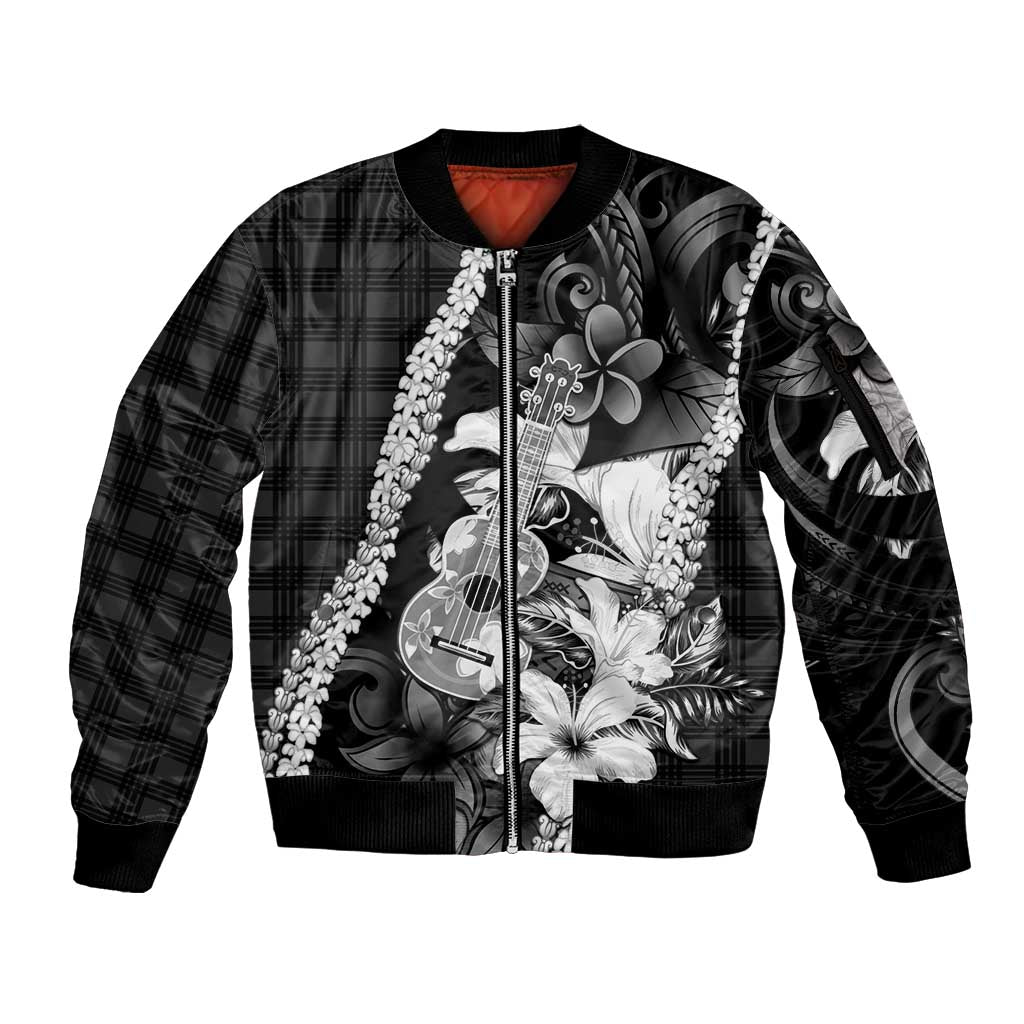 Hawaii Ukulele Sleeve Zip Bomber Jacket Tropical Flowers With Palaka Effect Black Version - Polynesian Pride