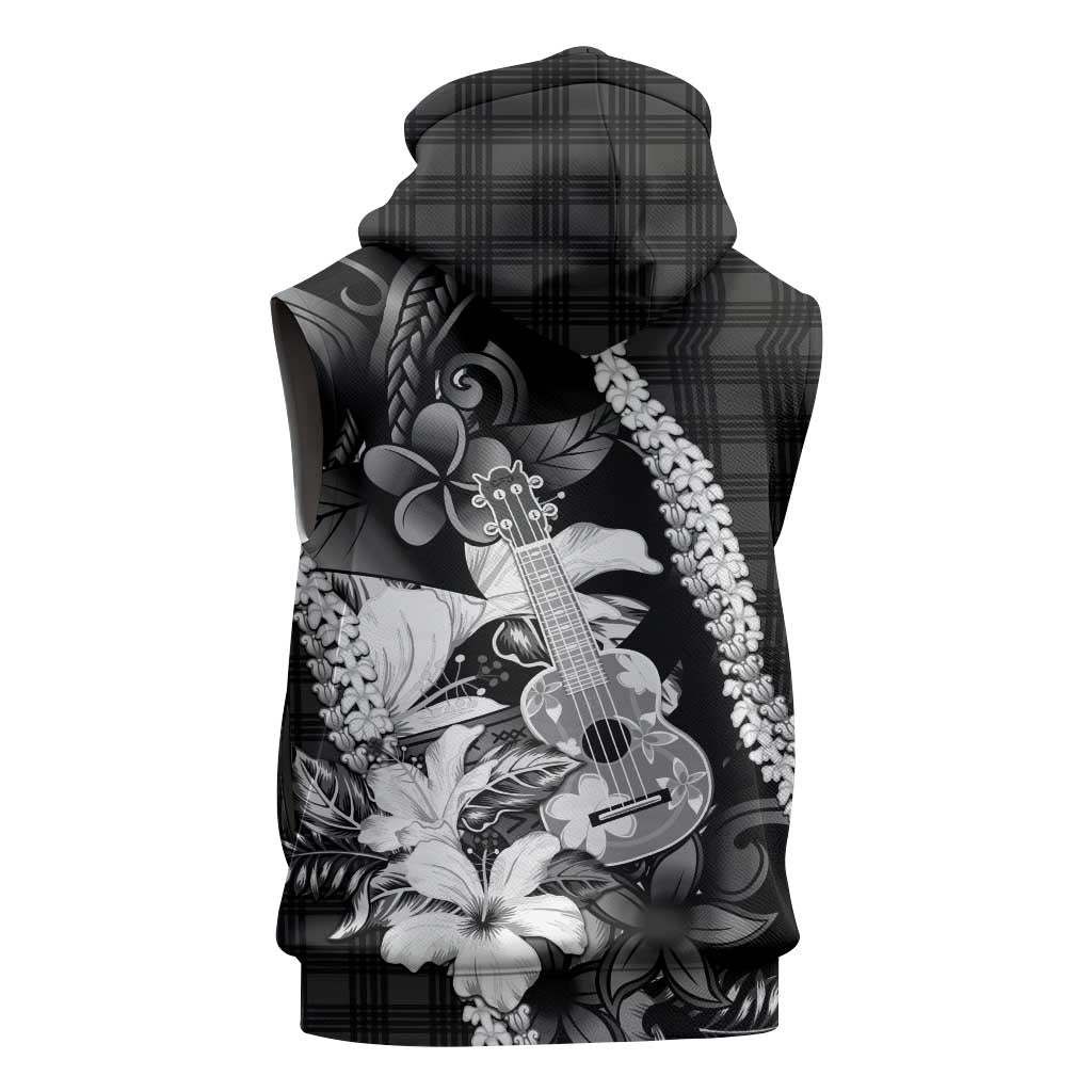 Hawaii Ukulele Sleeveless Hoodie Tropical Flowers With Palaka Effect Black Version - Polynesian Pride