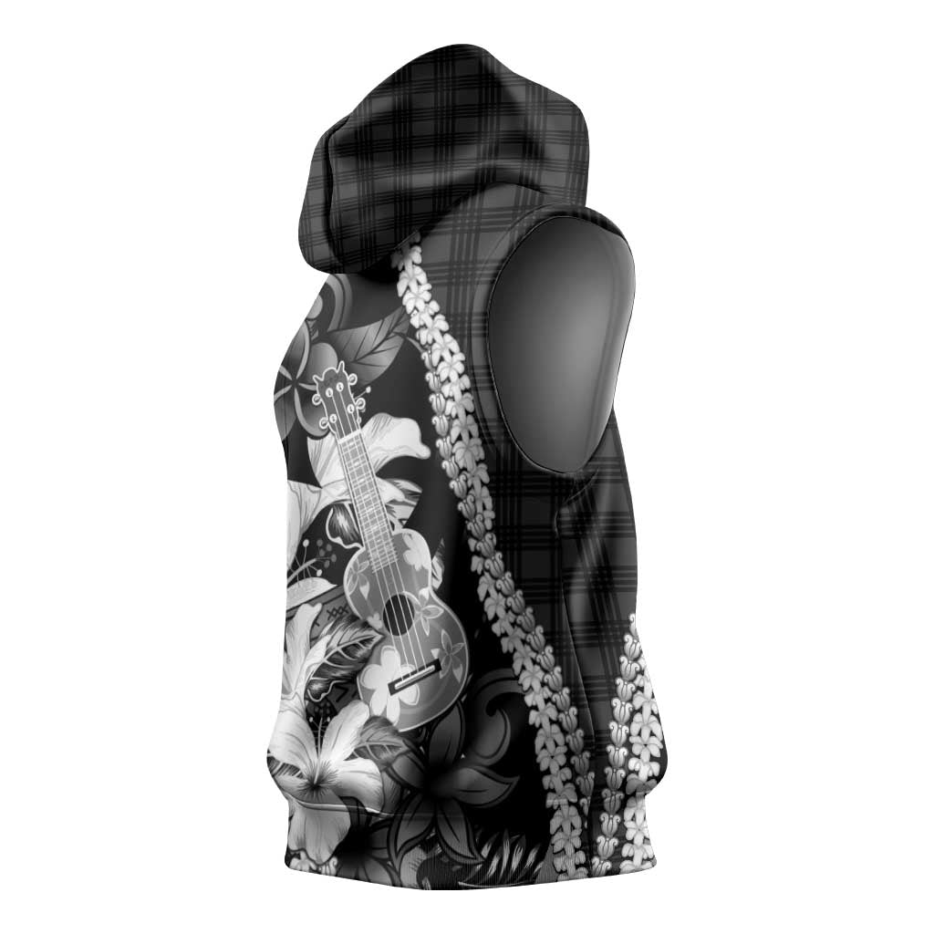 Hawaii Ukulele Sleeveless Hoodie Tropical Flowers With Palaka Effect Black Version - Polynesian Pride