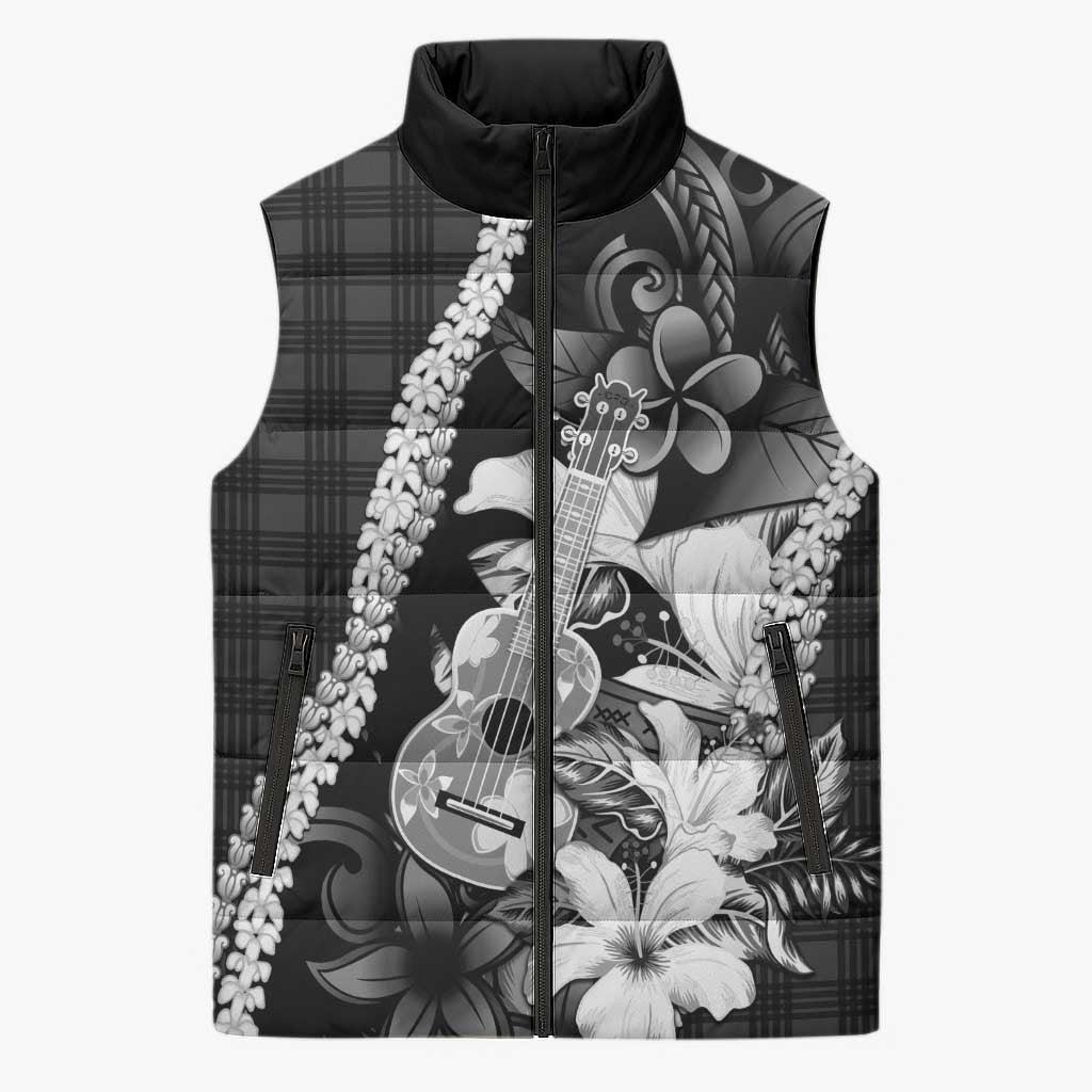 Hawaii Ukulele Sleeveless Puffer Jacket Tropical Flowers With Palaka Effect Black Version - Polynesian Pride