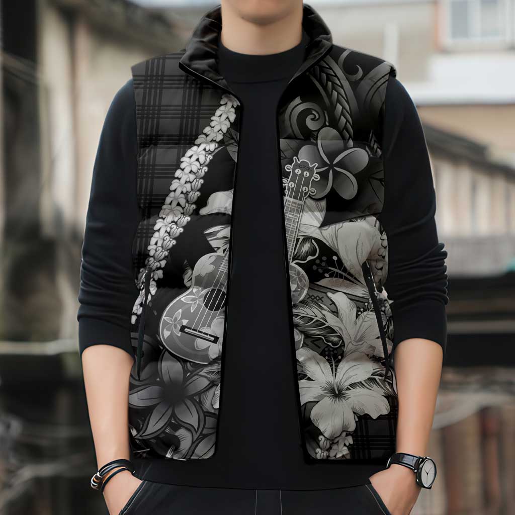 Hawaii Ukulele Sleeveless Puffer Jacket Tropical Flowers With Palaka Effect Black Version - Polynesian Pride