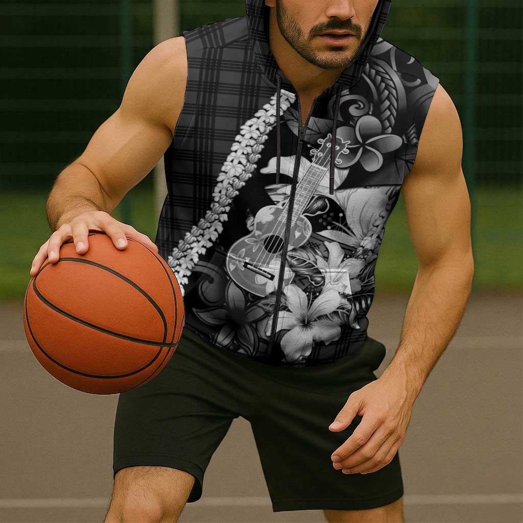 Hawaii Ukulele Sleeveless Zip Hoodie Tropical Flowers With Palaka Effect Black Version - Polynesian Pride