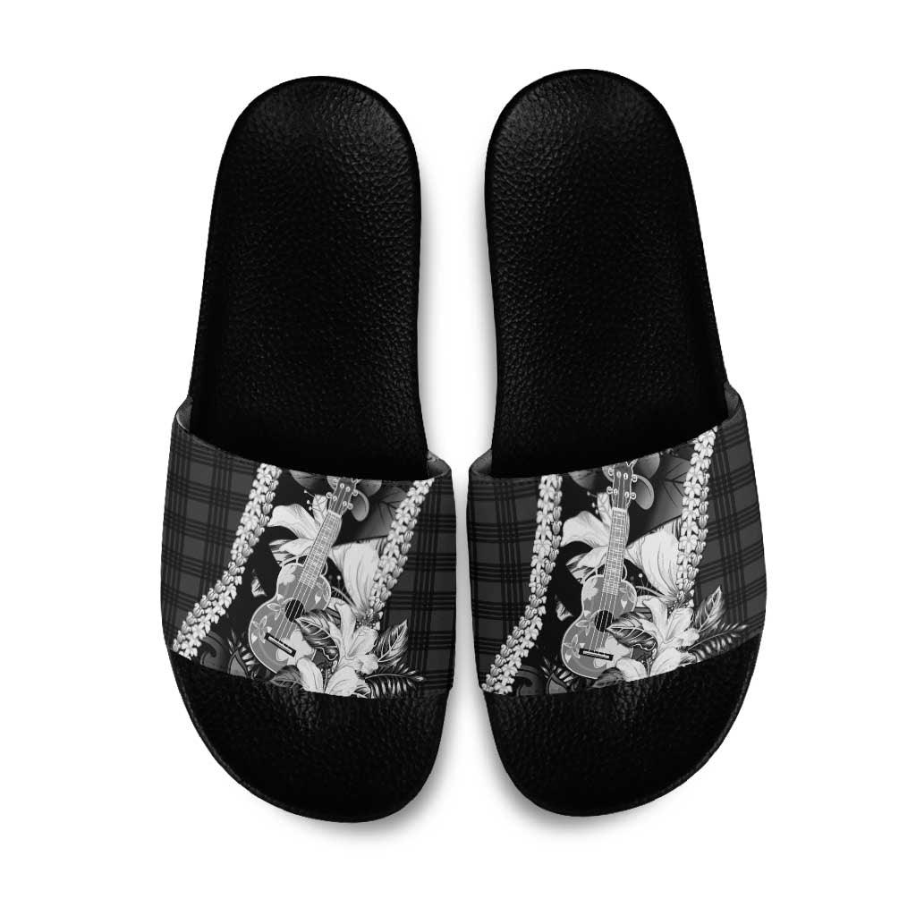Hawaii Ukulele Slide Sandals Tropical Flowers With Palaka Effect Black Version - Polynesian Pride