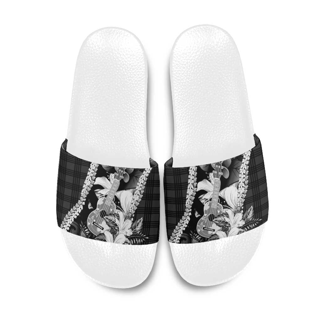 Hawaii Ukulele Slide Sandals Tropical Flowers With Palaka Effect Black Version - Polynesian Pride