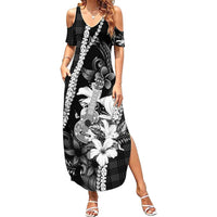 Hawaii Ukulele Summer Maxi Dress Tropical Flowers With Palaka Effect Black Version - Polynesian Pride