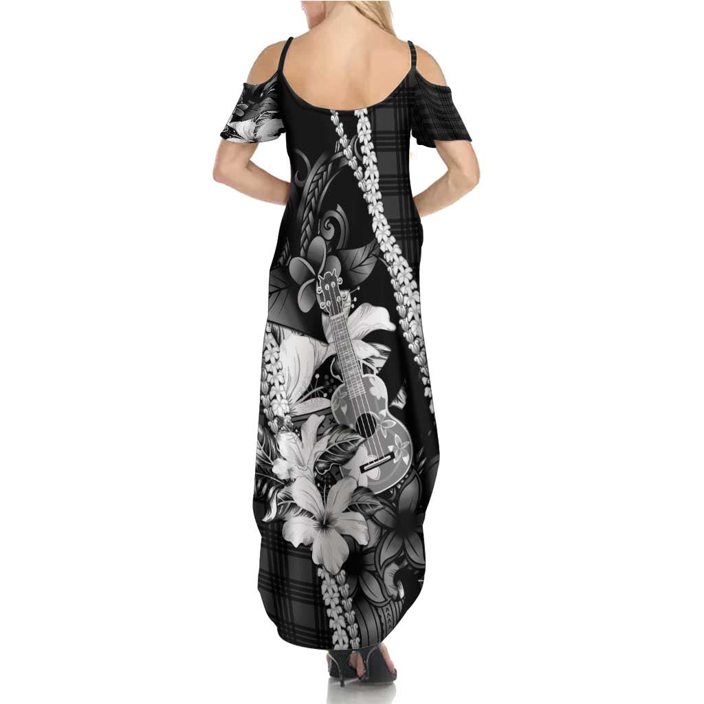 Hawaii Ukulele Summer Maxi Dress Tropical Flowers With Palaka Effect Black Version - Polynesian Pride