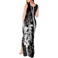 Hawaii Ukulele Tank Maxi Dress Tropical Flowers With Palaka Effect Black Version - Polynesian Pride
