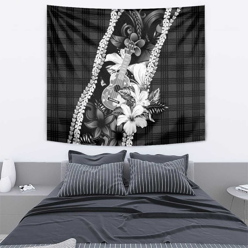 Hawaii Ukulele Tapestry Tropical Flowers With Palaka Effect Black Version - Polynesian Pride